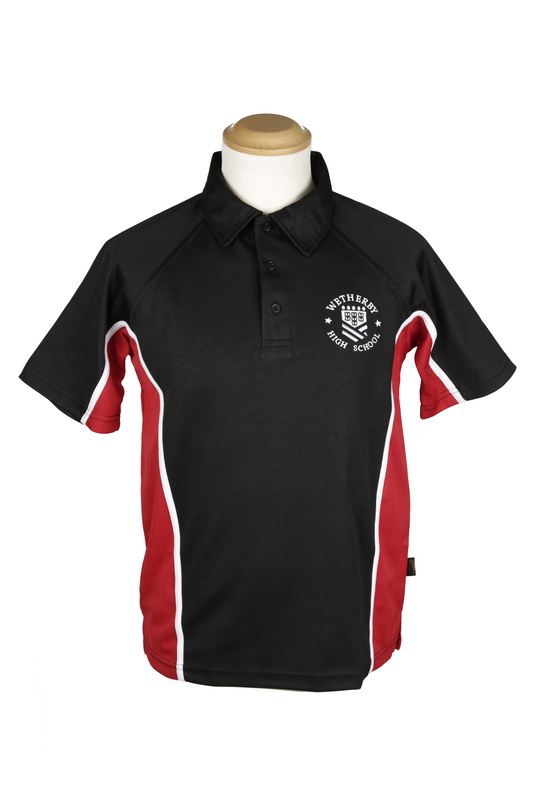 Wetherby High P.E polo top black/scarlet/white - Kool Kidz Uniforms